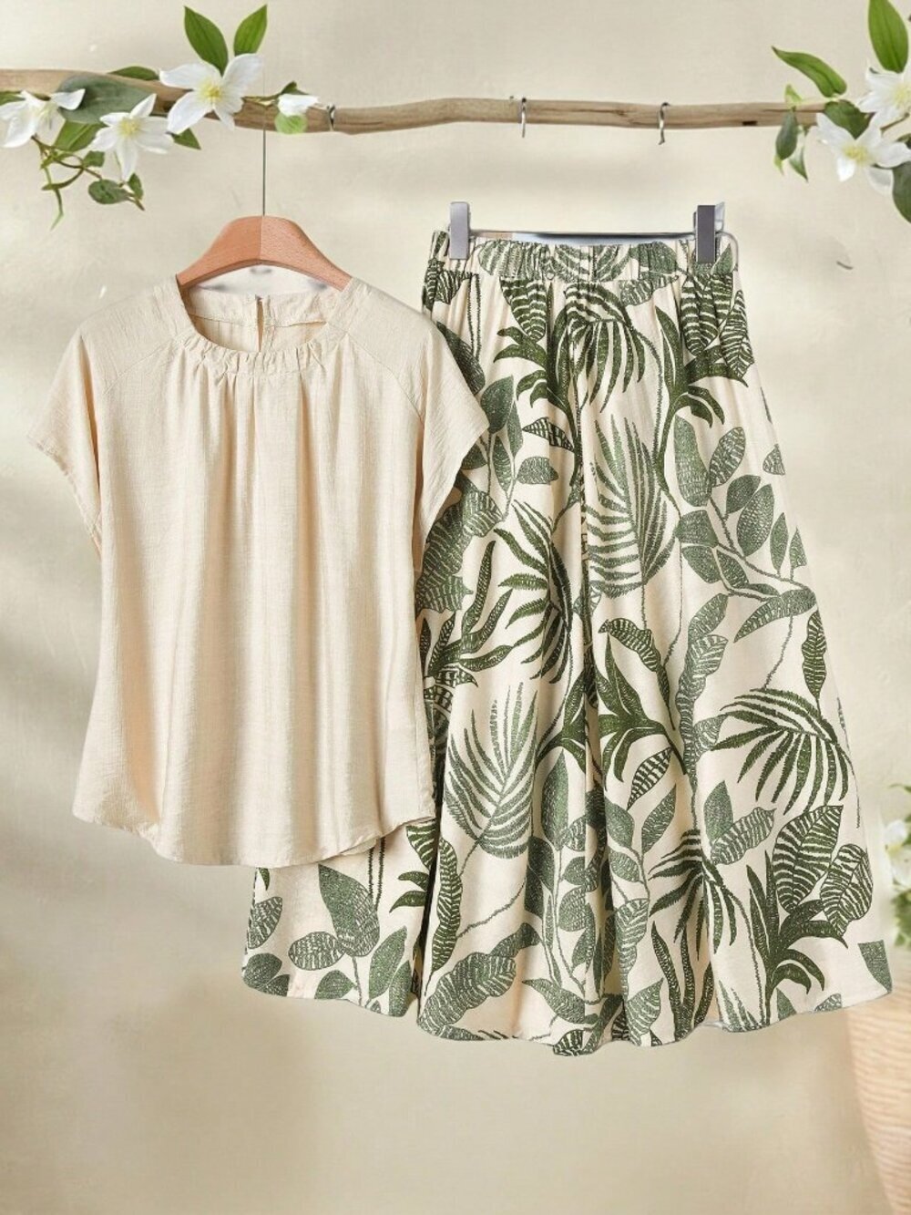 Multicolor Boho Women's Raglan Shirt & Tropical Print Wide Leg Pants Set